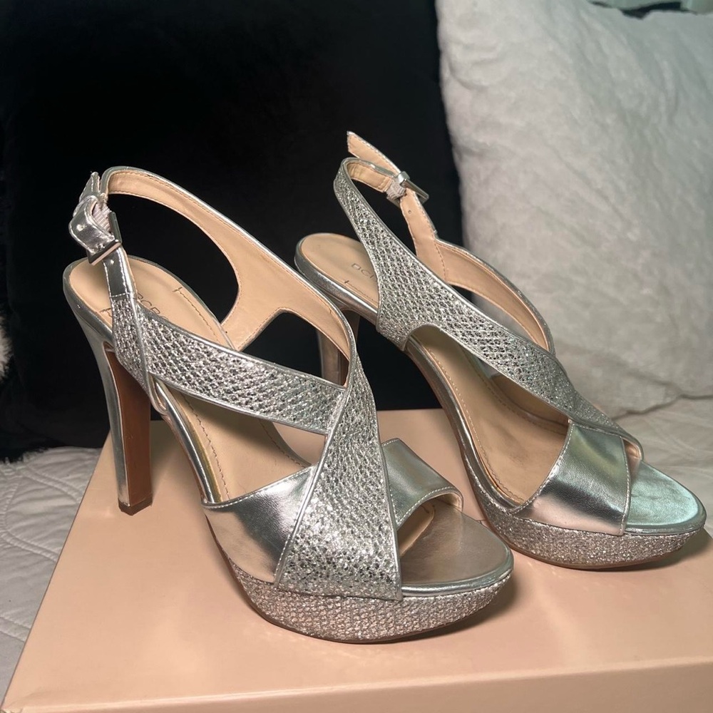BCBGeneration Silver Strappy Heels
